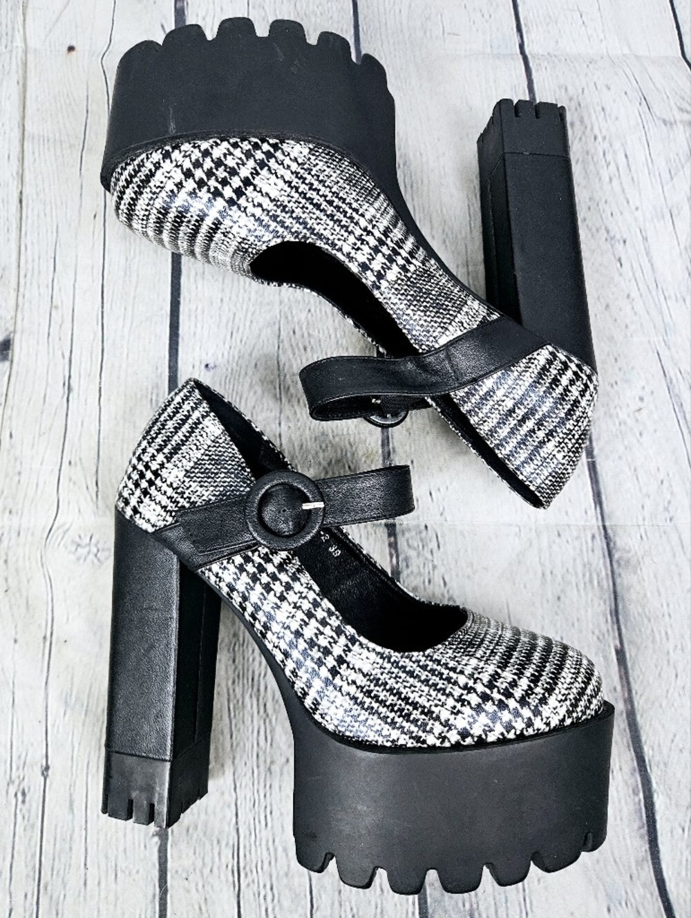 MEI LU SI | chunky platform lugged sole houndstooth tweed pattern maryjane heels